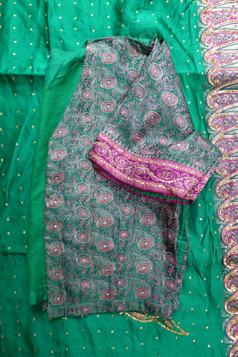 Jade Green Tanchoi Silk Vintage Sari - Preloved