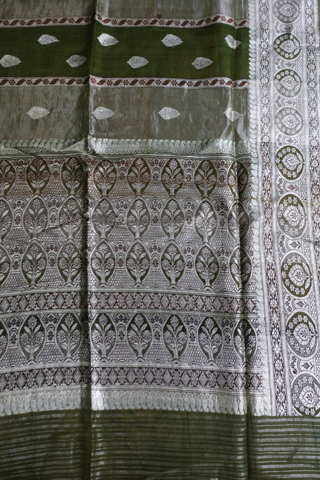 Green Silk Voile Mix Sari With Blouse To Fit 34 Bust Blouse - New