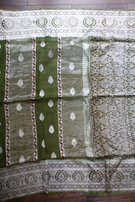Green Silk Voile Mix Sari With Blouse To Fit 34 Bust Blouse - New