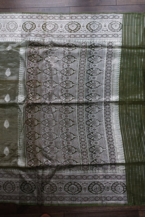 Green Silk Voile Mix Sari With Blouse To Fit 34 Bust Blouse - New
