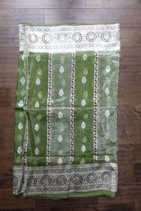 Green Silk Voile Mix Sari With Blouse To Fit 34 Bust Blouse - New