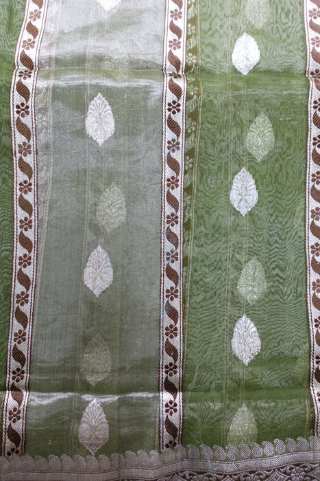 Green Silk Voile Mix Sari With Blouse To Fit 34 Bust Blouse - New