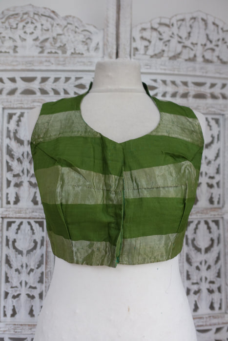 Green Silk Voile Mix Sari With Blouse To Fit 34 Bust Blouse - New