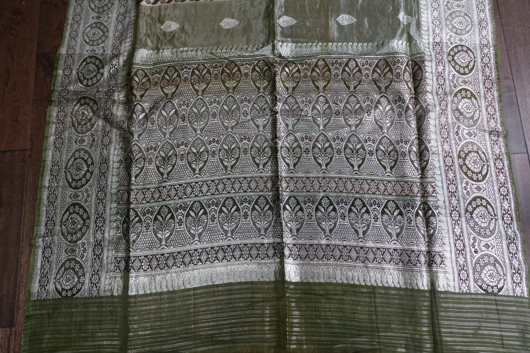 Green Silk Voile Mix Sari With Blouse To Fit 34 Bust Blouse - New