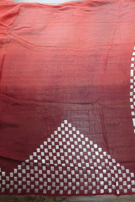 Rust And Orange Silk Chiffon Silver Sari - Preloved