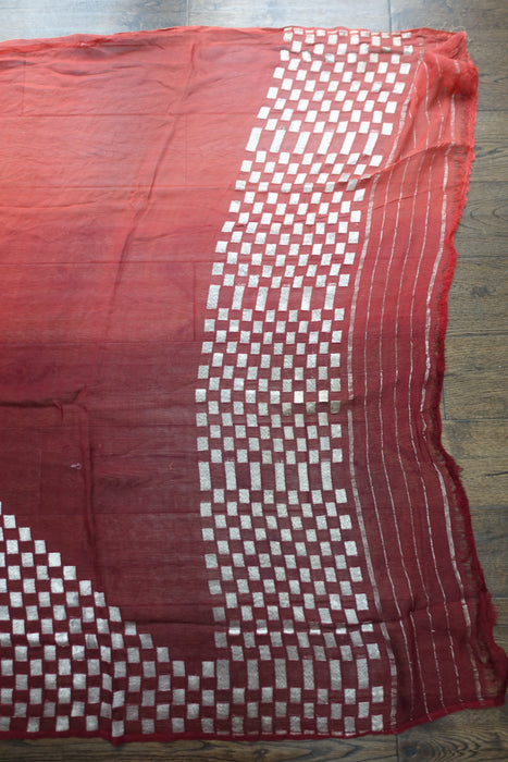 Rust And Orange Silk Chiffon Silver Sari - Preloved