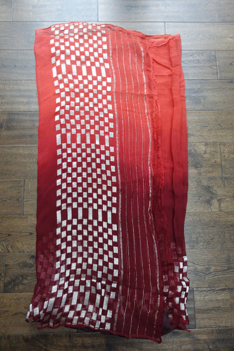 Rust And Orange Silk Chiffon Silver Sari - Preloved
