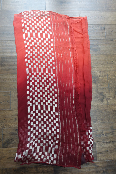 Rust And Orange Silk Chiffon Silver Sari - Preloved