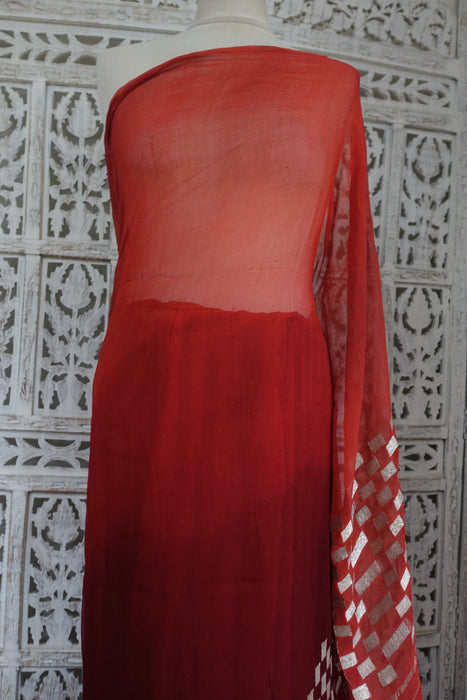 Rust And Orange Silk Chiffon Silver Sari - Preloved