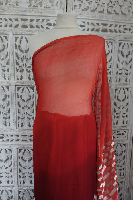 Rust And Orange Silk Chiffon Silver Sari - Preloved
