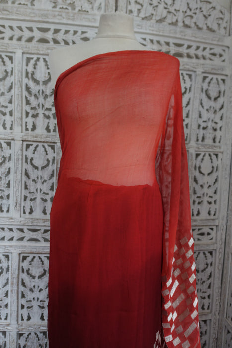Rust And Orange Silk Chiffon Silver Sari - Preloved