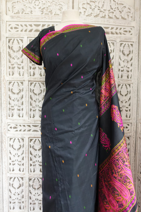 Black Silk Sari With Blouse To Fit 36 Bust - Preloved