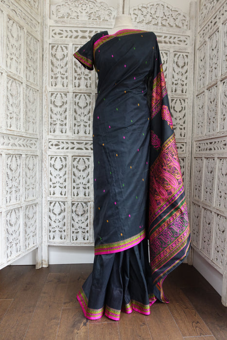 Black Silk Sari With Blouse To Fit 36 Bust - Preloved