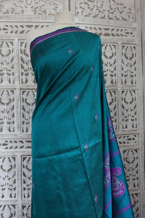 Teal Pure Silk Vintage Sari - Preloved