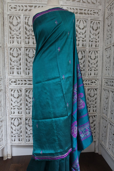 Teal Pure Silk Vintage Sari - Preloved