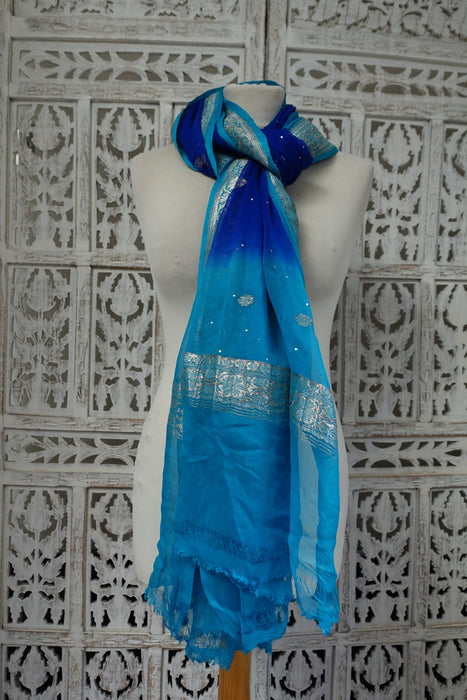 2 Shades Of Blue Silk Chiffon Banarsi Dupatta - New