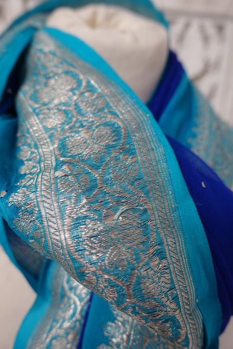 2 Shades Of Blue Silk Chiffon Banarsi Dupatta - New