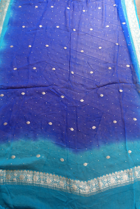 2 Shades Of Blue Silk Chiffon Banarsi Dupatta - New