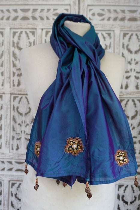 2 Tone Blue Silk Beaded Vintage Dupatta - Preloved