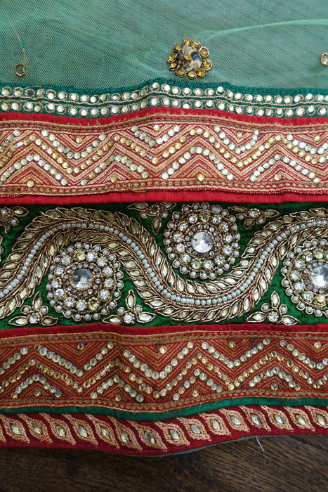 Green Net Dupatta With Kundan Work - Preloved