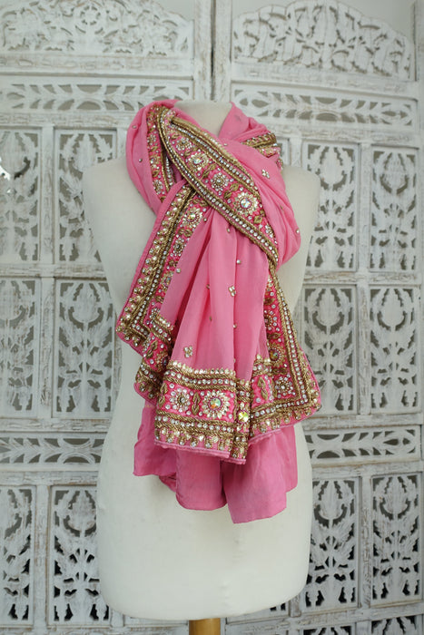 Pink Silk Chiffon Diamante Dupatta - Preloved