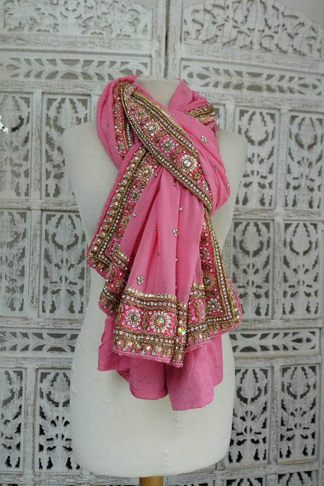 Pink Silk Chiffon Diamante Dupatta - Preloved