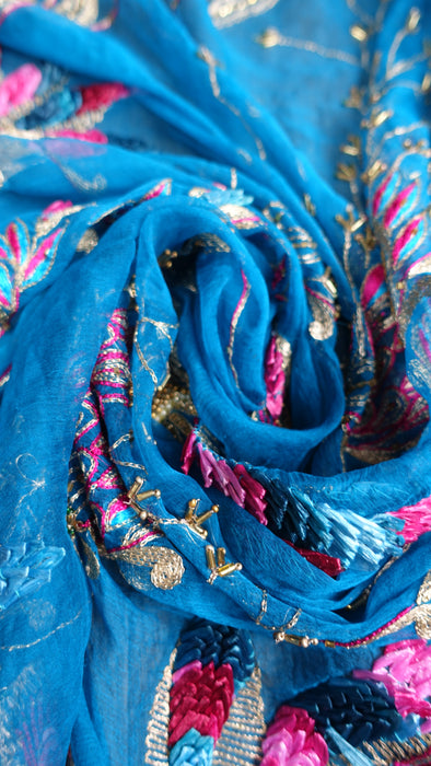 Peacock Blue Silk Chiffon Embellished Dupatta - New