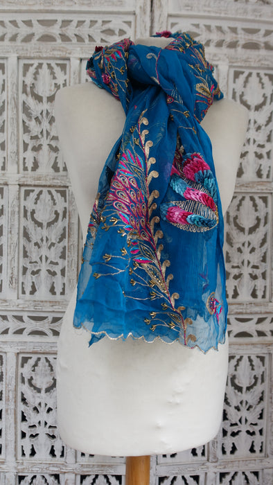 Peacock Blue Silk Chiffon Embellished Dupatta - New