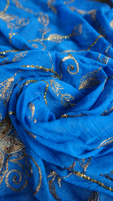 Blue Vintage Silk Chiffon Dupatta With Zardosi Flowers- New