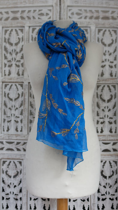 Blue Vintage Silk Chiffon Dupatta With Zardosi Flowers- New