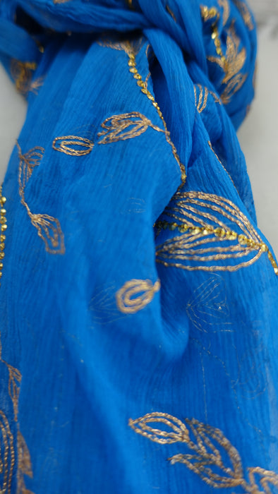 Blue Vintage Silk Chiffon Dupatta With Zardosi Flowers- New