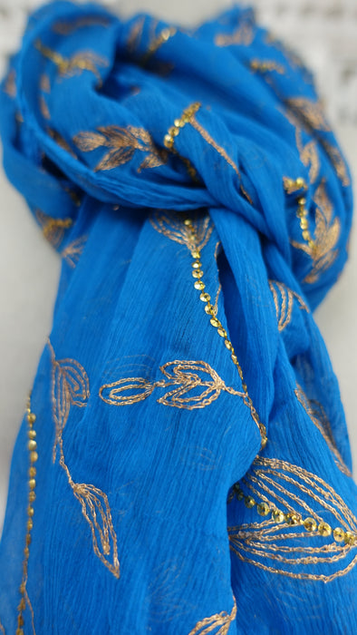 Blue Vintage Silk Chiffon Dupatta With Zardosi Flowers- New