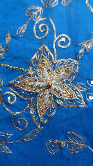 Blue Vintage Silk Chiffon Dupatta With Zardosi Flowers- New