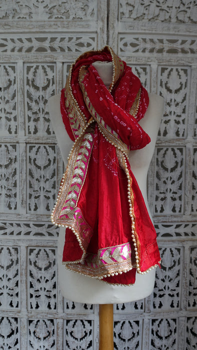 Red Crushed Bandhani Print Dupatta - Preloved