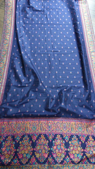 Navy Blue Wool Mix Embroidered Shawl - New