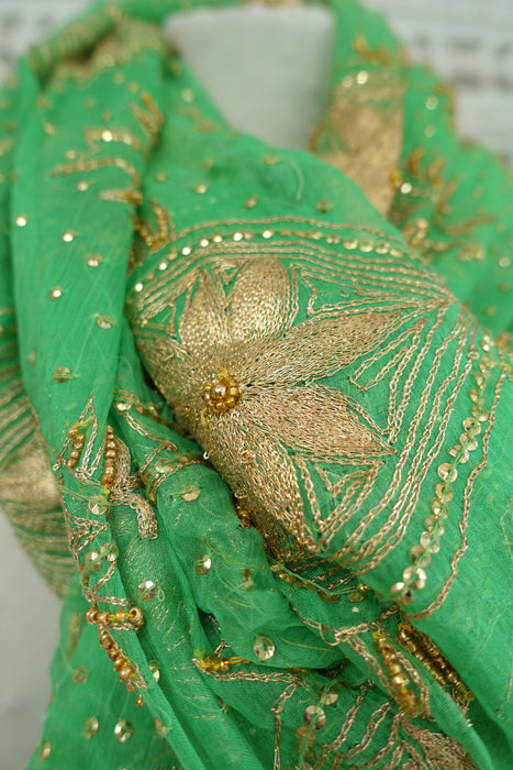 Green Vintage Embroidered Silk Chiffon Dupatta - Preloved