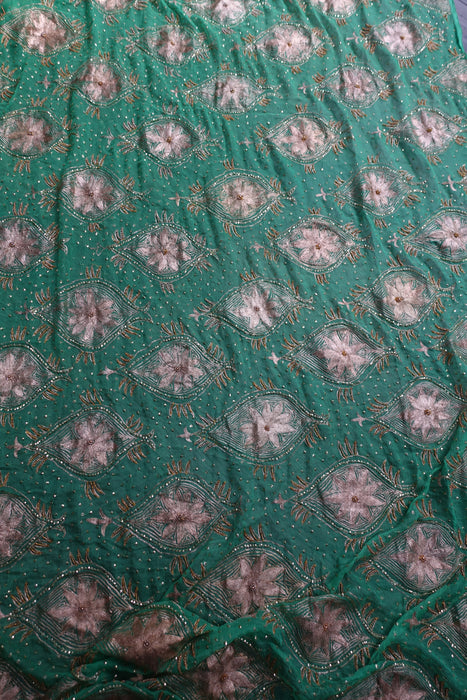 Green Vintage Embroidered Silk Chiffon Dupatta - Preloved