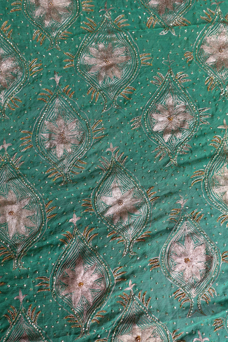 Green Vintage Embroidered Silk Chiffon Dupatta - Preloved