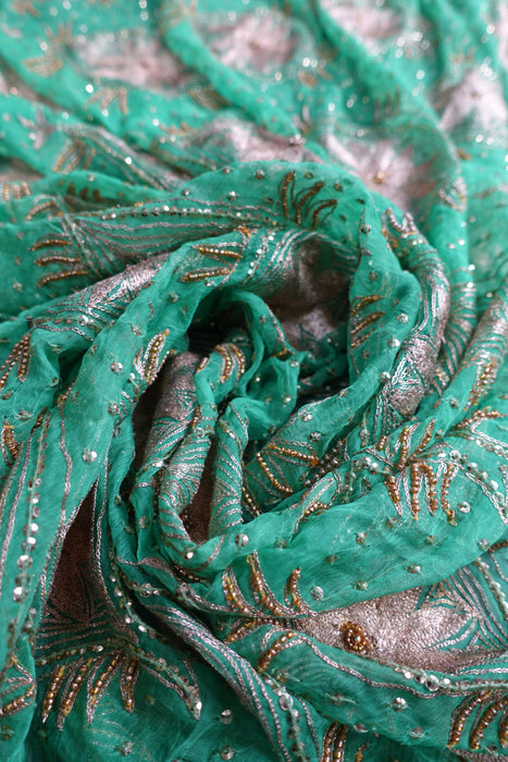 Green Vintage Embroidered Silk Chiffon Dupatta - Preloved