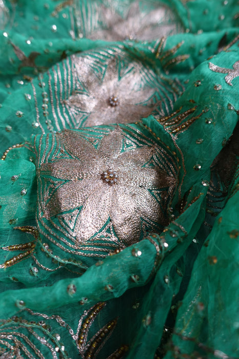 Green Vintage Embroidered Silk Chiffon Dupatta - Preloved