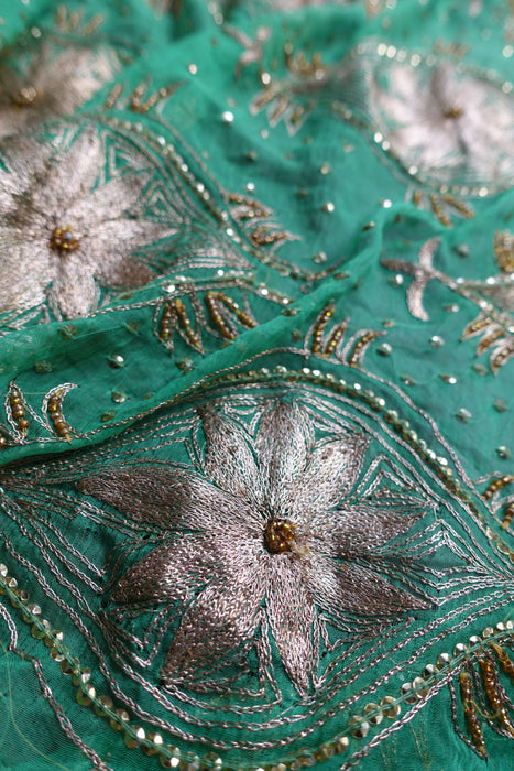 Green Vintage Embroidered Silk Chiffon Dupatta - Preloved