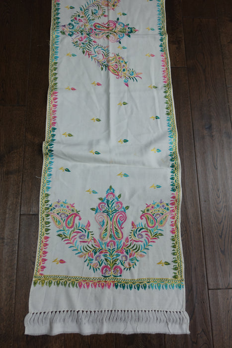 Off White Wool Embroidered Narrow Shawl - Preloved