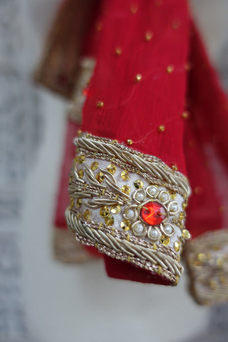 Red Vintage Chiffon Beaded Wedding Dupatta - New