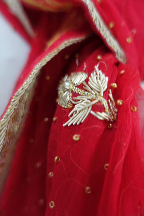 Red Vintage Chiffon Beaded Wedding Dupatta - New