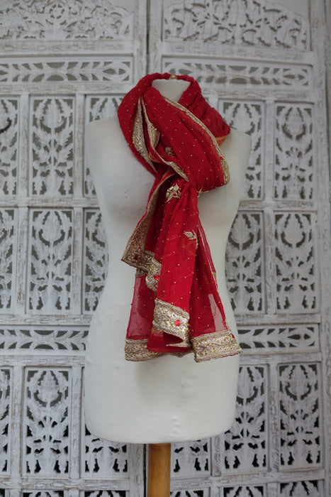 Red Vintage Chiffon Beaded Wedding Dupatta - New