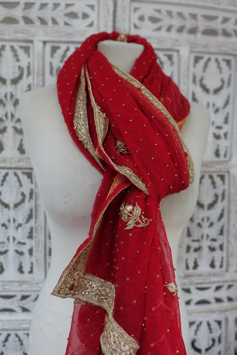 Red Vintage Chiffon Beaded Wedding Dupatta - New