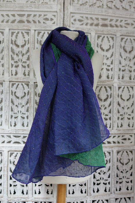 Blue And Green Vintage  Chiffon Double Sided Dupatta - New