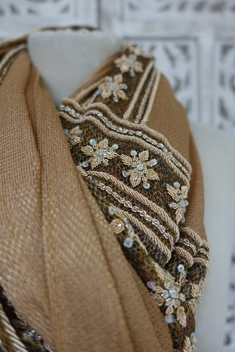 Caramel Linen Silk Blend Vintatge Dupatta - Preloved