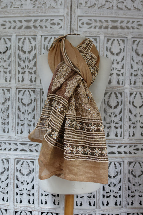 Caramel Linen Silk Blend Vintatge Dupatta - Preloved