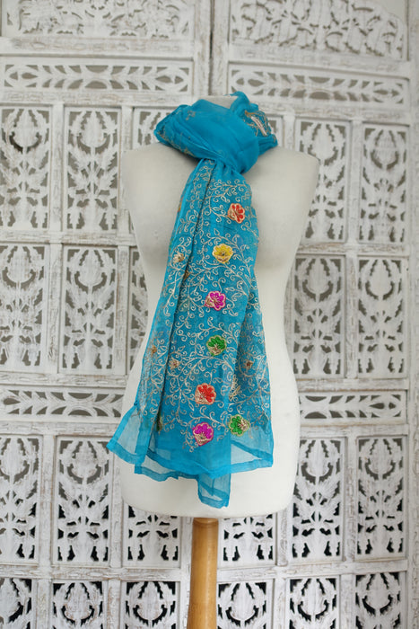 Blue Vintage Silk Chiffon Dupatta With Silk Appliques - New